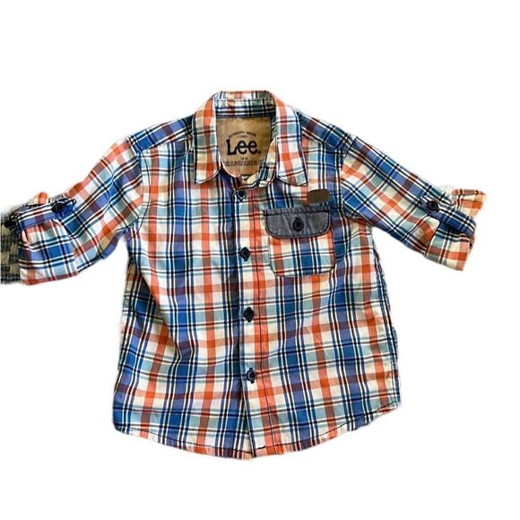Lee Baby Boy 18 Months Orange Blue White Plaid LS Button Down Shirt - Picture 9 of 14